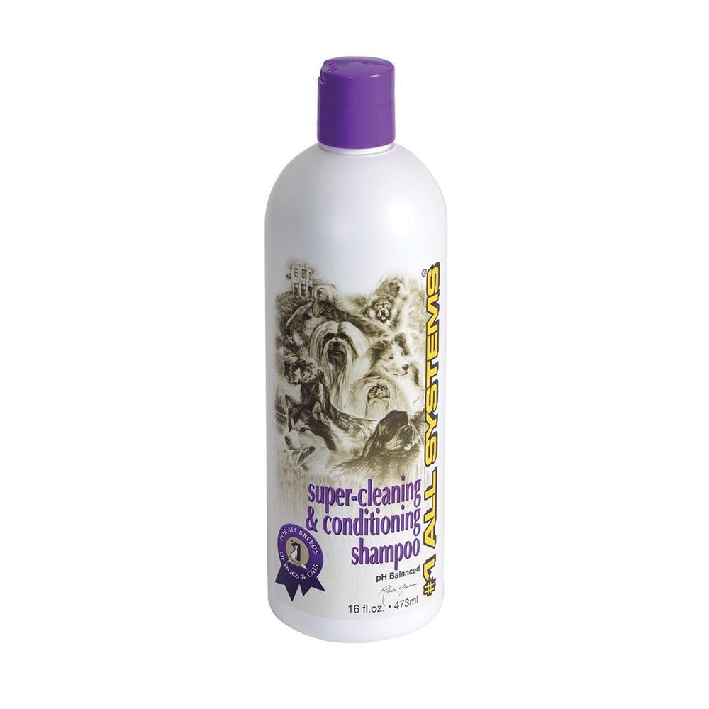 #1 All Systems pet shampoo bottle front demonstrates gentle cleansing for daily coat care