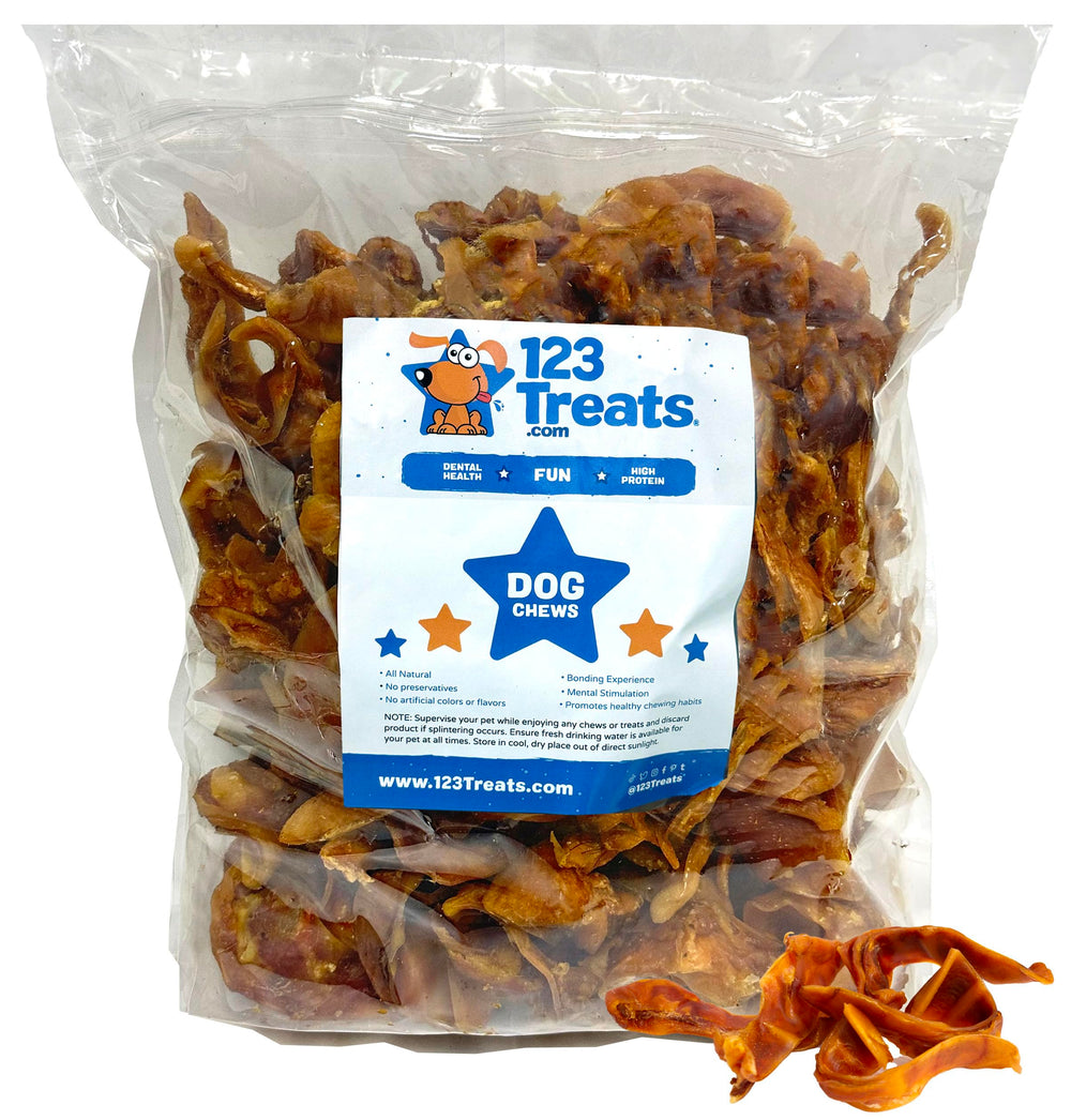 123 Treats pig ears for dogs in a 5 lb bulk bag, ideal for rewards.