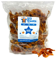 123 Treats pig ears for dogs in a 5 lb bulk bag, ideal for rewards.