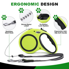 131RRYVY 30ft retractable leash brake button enables quick lock for safe stops