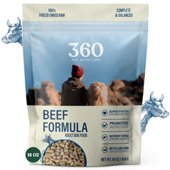 360 Pet Nutrition freeze-dried beef recipe bag highlights high-protein meal options for dogs.