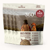 360 Pet Nutrition freeze-dried raw dog food bag front showing grain-free multi-protein formula.