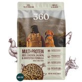 360 Pet Nutrition freeze-dried raw dog food bag showing a multi-protein blend for active dogs.