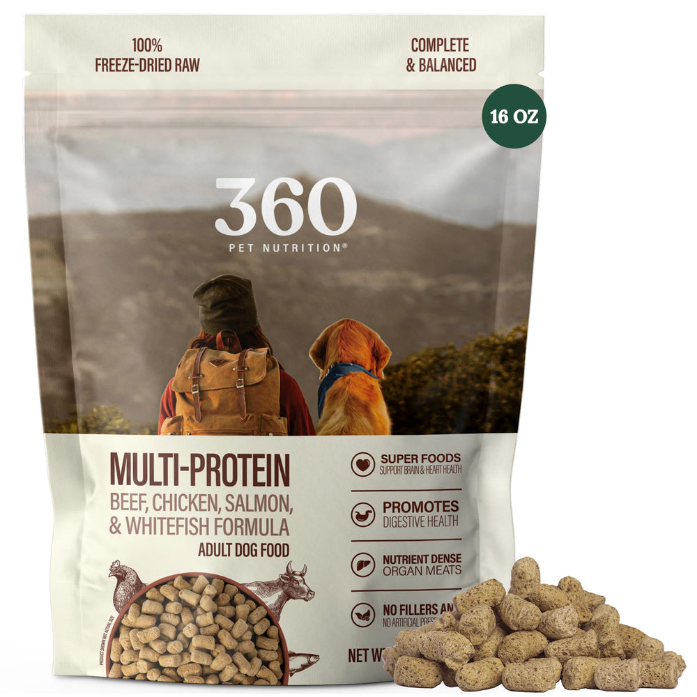 360 Pet Nutrition Freeze-Dried Raw Dog Food multi-protein beef chicken fish in a convenient bag