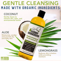 4Legger Organic Dog Shampoo ingredients label highlights natural plant-based care.