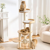 797Audio modern solid wood cat tree tower front view highlights natural oak finish for stylish indoor spaces.