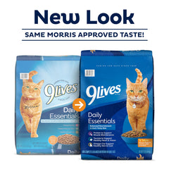 9Lives Daily Essentials flavors—salmon, chicken, beef—appealing taste plus protein