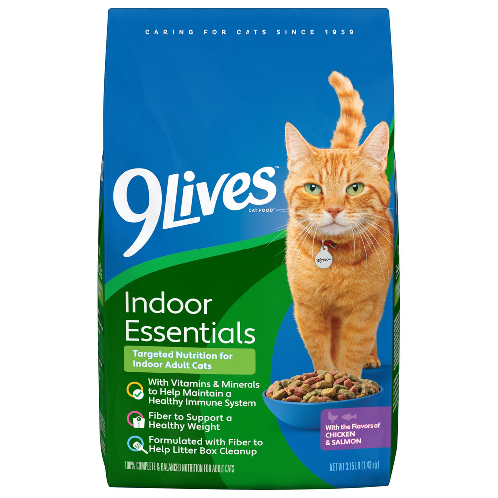 9Lives Indoor Essentials bag showing chicken and salmon kibble for indoor cats