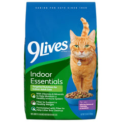 9Lives Indoor Essentials bag showing chicken and salmon kibble for indoor cats