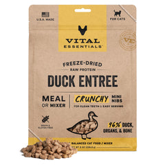 Vital Essentials freeze-dried duck cat food mini nibs in a bowl, a complete protein-rich meal.