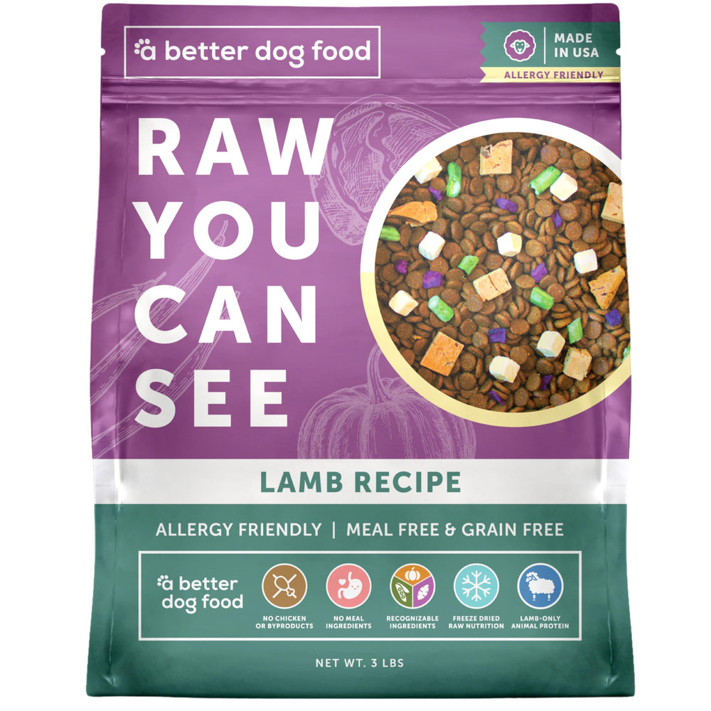 A Better Treat allergy friendly lamb dry dog food bag close-up showing healthy ingredients.