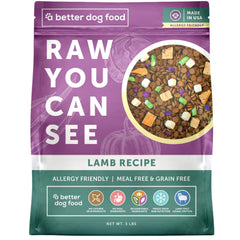 A Better Treat allergy friendly lamb dry dog food bag close-up showing healthy ingredients.