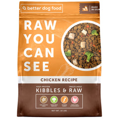 A Better Treat dog food bag front shows real chicken for ingredient transparency.