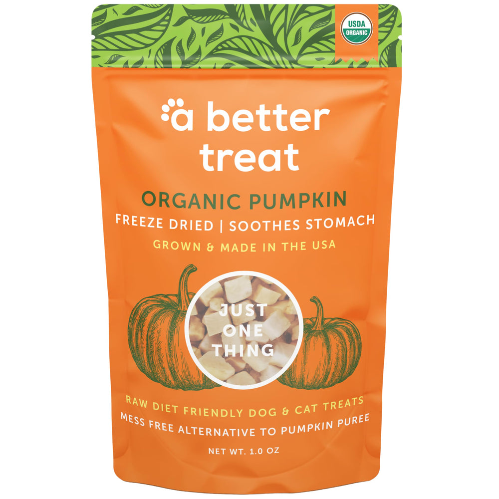 A Better Treat freeze-dried organic pumpkin treats in package, ideal for tasty training rewards.