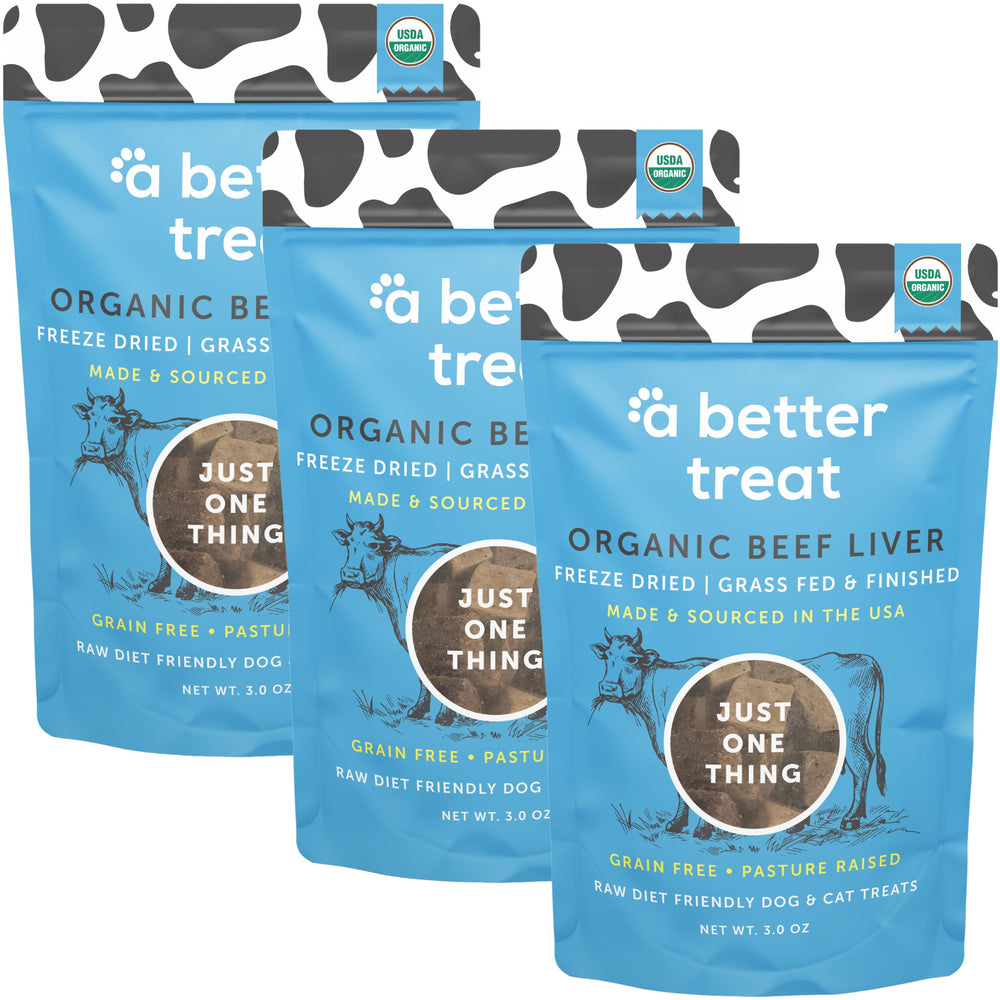 A Better Treat front packaging showing organic beef liver single-ingredient recipe.