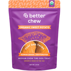 A Better Treat organic sweet potato bag shows single ingredient purity for dogs.