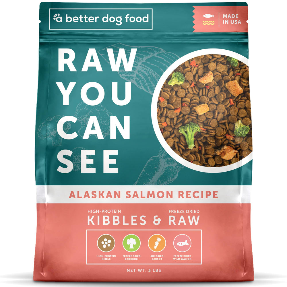 A Better Treat salmon dry dog food bag and kibble pour supports lean muscle.