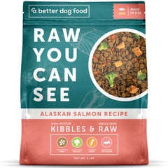 A Better Treat salmon dry dog food bag and kibble pour supports lean muscle.