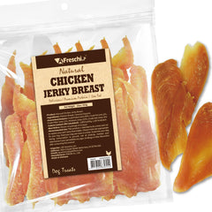 A Freschi srl Chicken Jerky pack hero shows natural, grain-free dog treats for training.