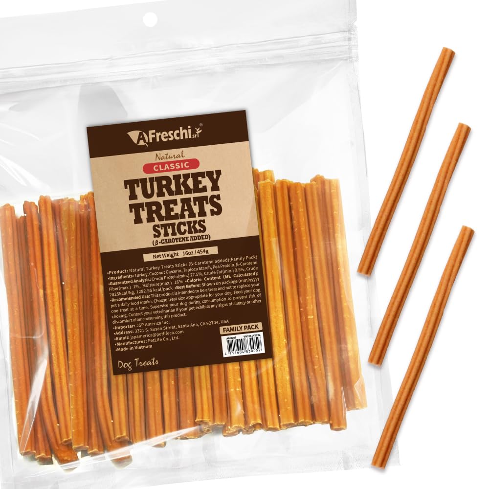 A Freschi srl turkey dog treats bag front highlighting USA-sourced recipe for healthy dogs.
