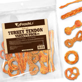 A Freschi srl turkey tendons 8 oz pack for dogs, ideal for moderate chewers.