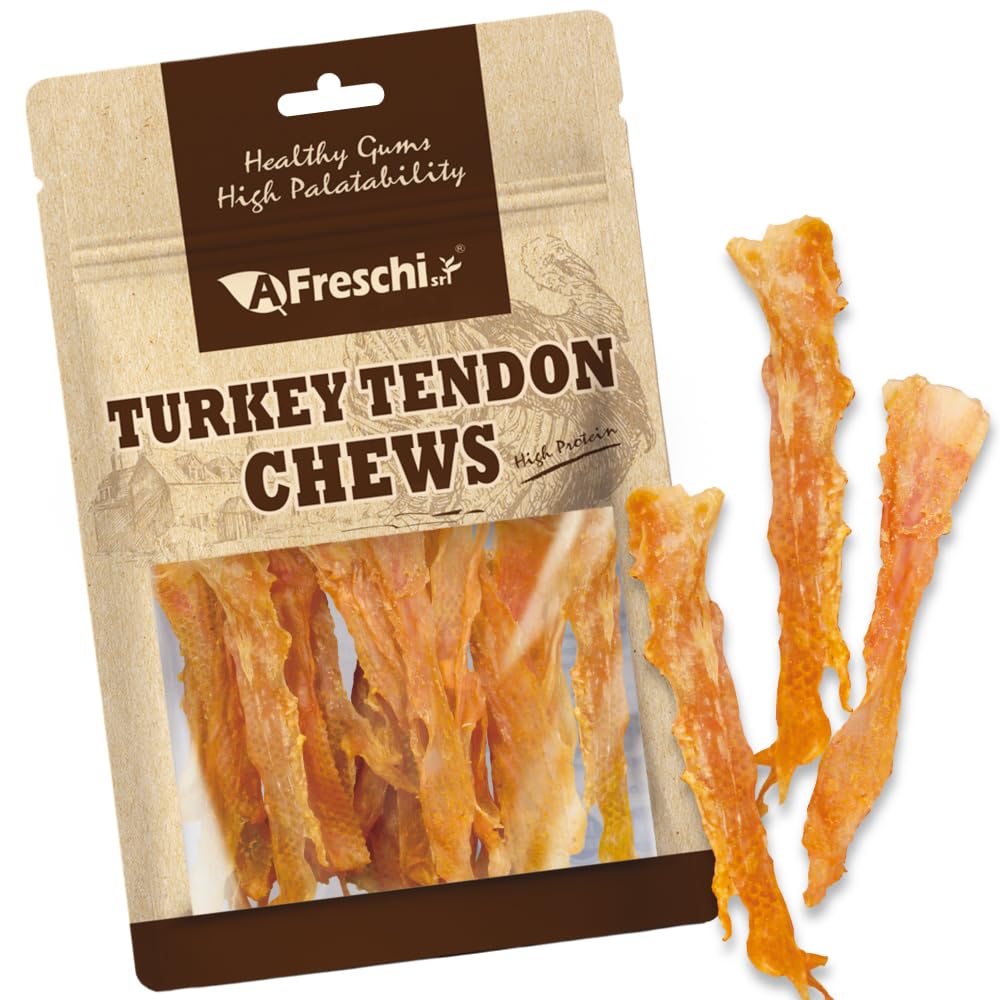 A Freschi srl turkey tendons for dogs pack shot showing resealable packaging for easy rewards