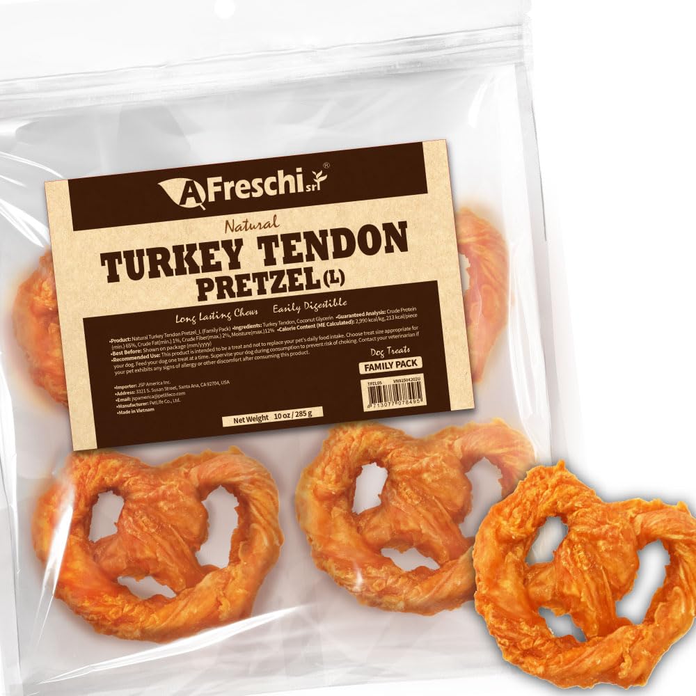 A Freschi srl turkey tendons for dogs in a 10 oz USA-sourced pack for large breeds