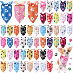 Abbylike 50pc paw print bandanas for dogs, versatile bulk set for styling and photos.