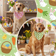 Abbylike Easter-themed bandanas collection with bunny, egg, and carrot designs for festive dogs.