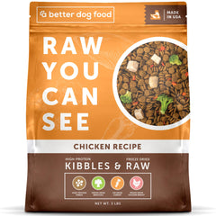 A Better Treat chicken dry dog food bag highlights high quality protein for active dogs