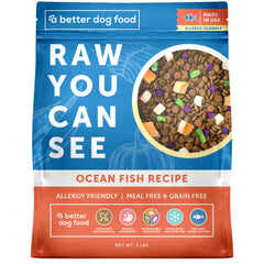 A Better Treat Ocean Blend dog food bag front displaying the product