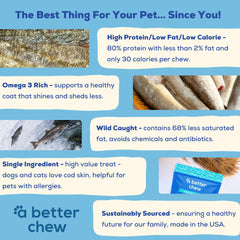 A Better Chew single-ingredient cod skin label emphasizes simple, digestible formula.