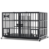 aboxoo heavy-duty dog crate with open top and wheels for easy mobility.