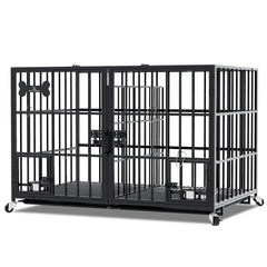 aboxoo heavy-duty dog crate with open top and wheels for easy mobility.