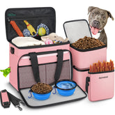 Abrimelodi dog travel bag with collapsible bowls for meals on the go.