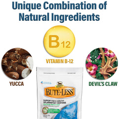 Close-up of Absorbine Bute-Less pellets showing natural ingredients.