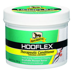 Absorbine Hooflex conditioner bottle pour demonstrates hoof care with excellent moisture support.