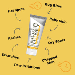Absorbine Silver Honey on dog paw, helping ease hot spots and scratching.