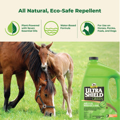 Absorbine UltraShield Green bottle label highlights the all-natural essential oil formula for pest defense.