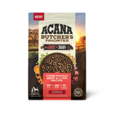 ACANA Butcher's Favorites beef-liver dry dog food bag front view shows premium protein