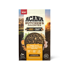 ACANA Butcher's Favorites dry dog food bag for convenient protein-rich feeding.