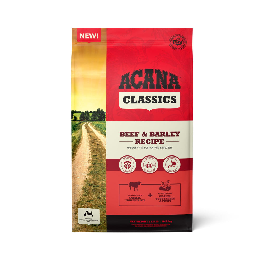 ACANA Classics Beef & Barley bag showing premium balanced nutrition for dogs