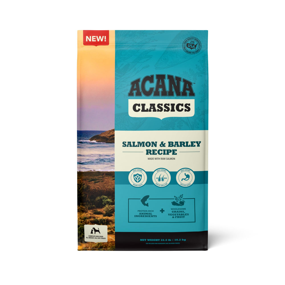 ACANA Classics Salmon-Bar barley bag shows premium protein and wholesome grains for balanced meals.