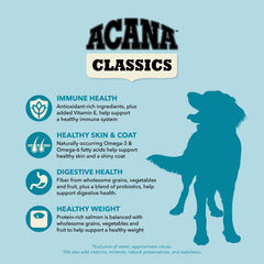 ACANA Classics Salmon ingredient closeup highlights high-quality protein for lean muscles.