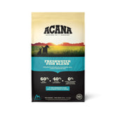 ACANA grain-free freshwater fish kibble bag close-up, high-protein nutrition for dogs.