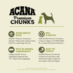 ACANA grain-free wet dog food close-up highlights 85 percent animal ingredients.