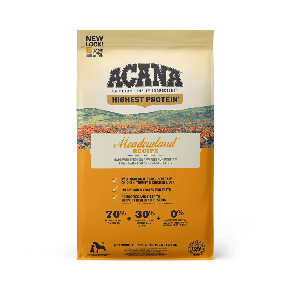 ACANA Meadowland 25lb bag front highlights grain-free packaging for all-life-stage nutrition.