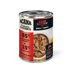 ACANA Premium Chunks Beef in Bone Broth can open pour demonstrates easy serving.