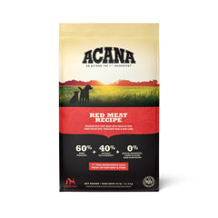 ACANA Red Meat Recipe 25 lb bag showing protein rich dry dog food for daily energy.