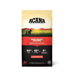 ACANA Red Meat Recipe dry dog food bag showing premium ingredients for balanced meals